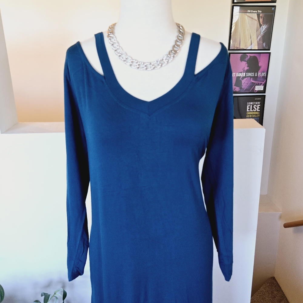 🏷️YANAK Cutout Teal Cotton Spandex Longsleeve Midi Dress XL - Picture 2 of 9